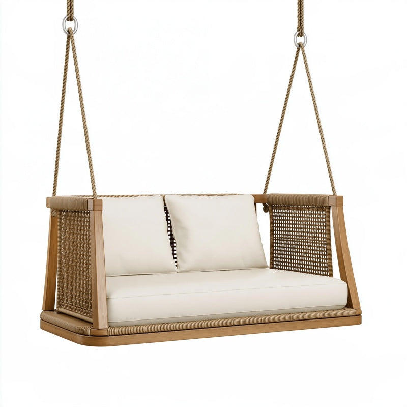 Dondolo sospeso 2 posti 130 x 70 x 180 cm in legno e corda beige - stile naturale per esterno