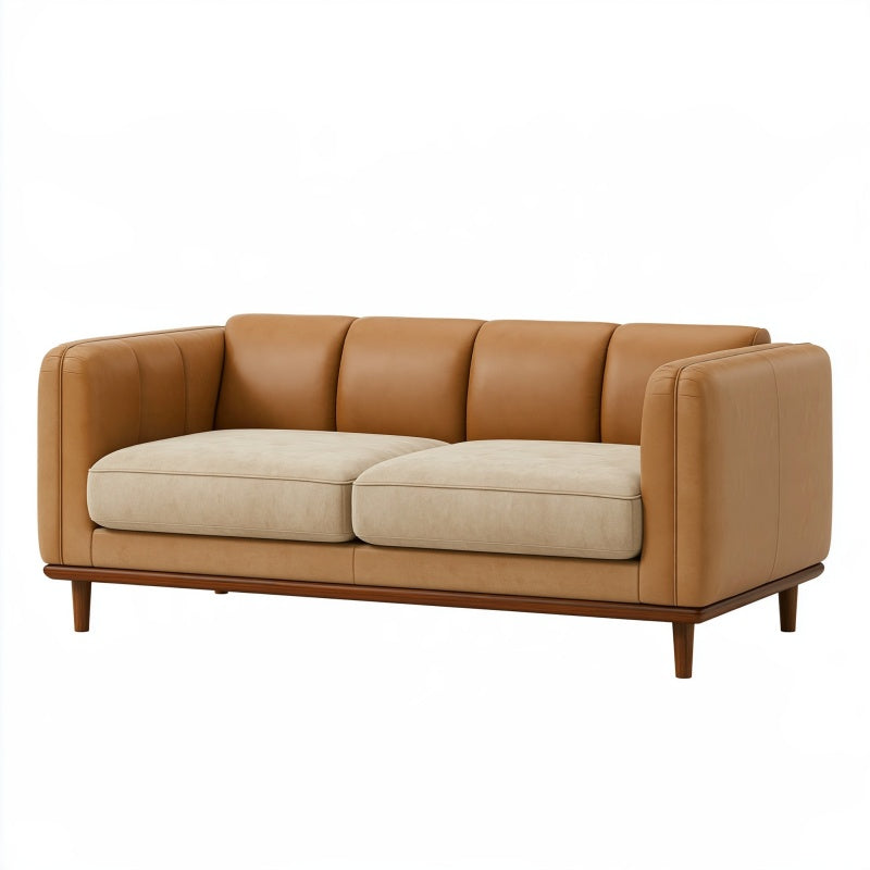 Divano 3 posti 210 x 90 x 85 cm in pelle marrone con sedute beige stile moderno