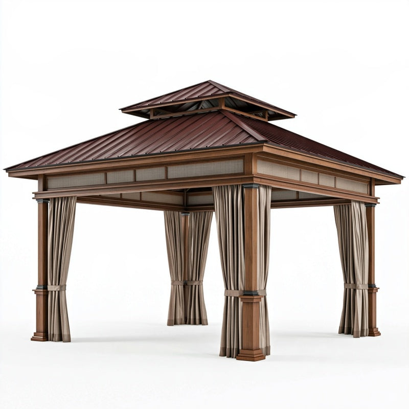 Gazebo 300 x 300 cm in legno marrone con tetto in metallo e tende da esterno