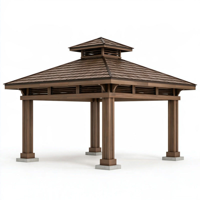 Gazebo da giardino 400 x 400 x 350 cm in legno marrone con tetto ventilato