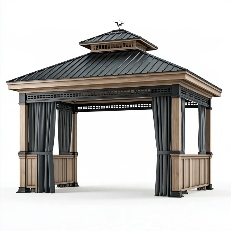 Gazebo da giardino 300 x 300 cm in metallo effetto legno con tetto nero e tende laterali