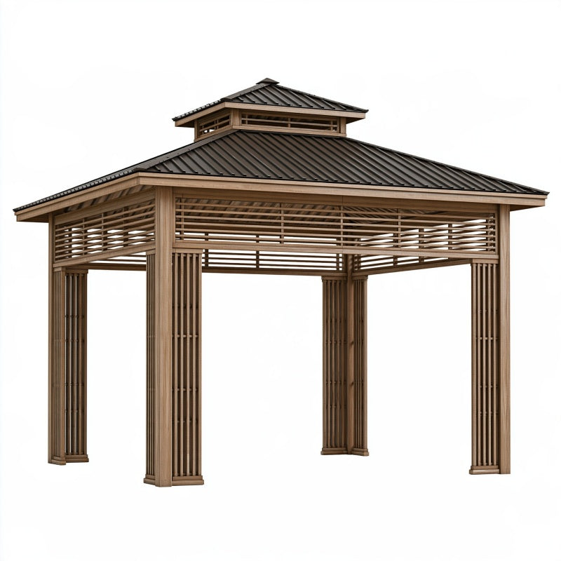 Gazebo da giardino 300 x 300 x 330 cm in legno marrone con tetto in metallo nero - struttura ventilata