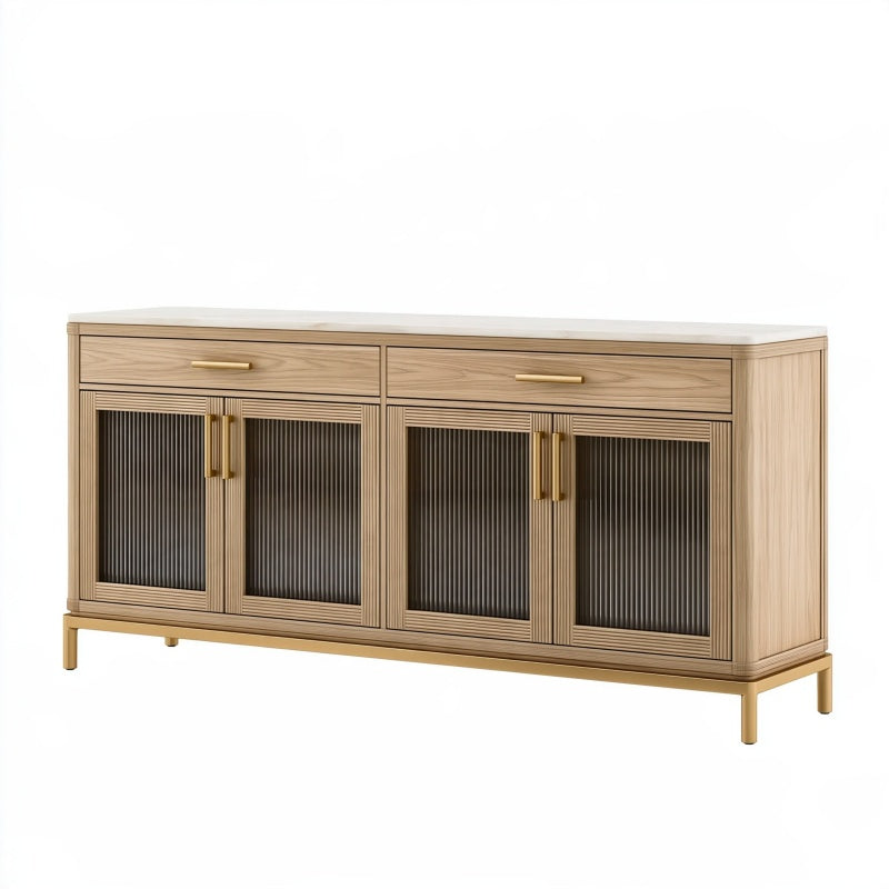 Credenza 180 x 45 x 85 cm in legno beige con vetro scanalato e piano effetto marmo per soggiorno