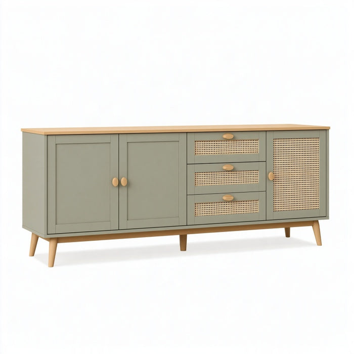 Credenza 180 cm in legno verde salvia con ante cassetti e rattan stile nordico